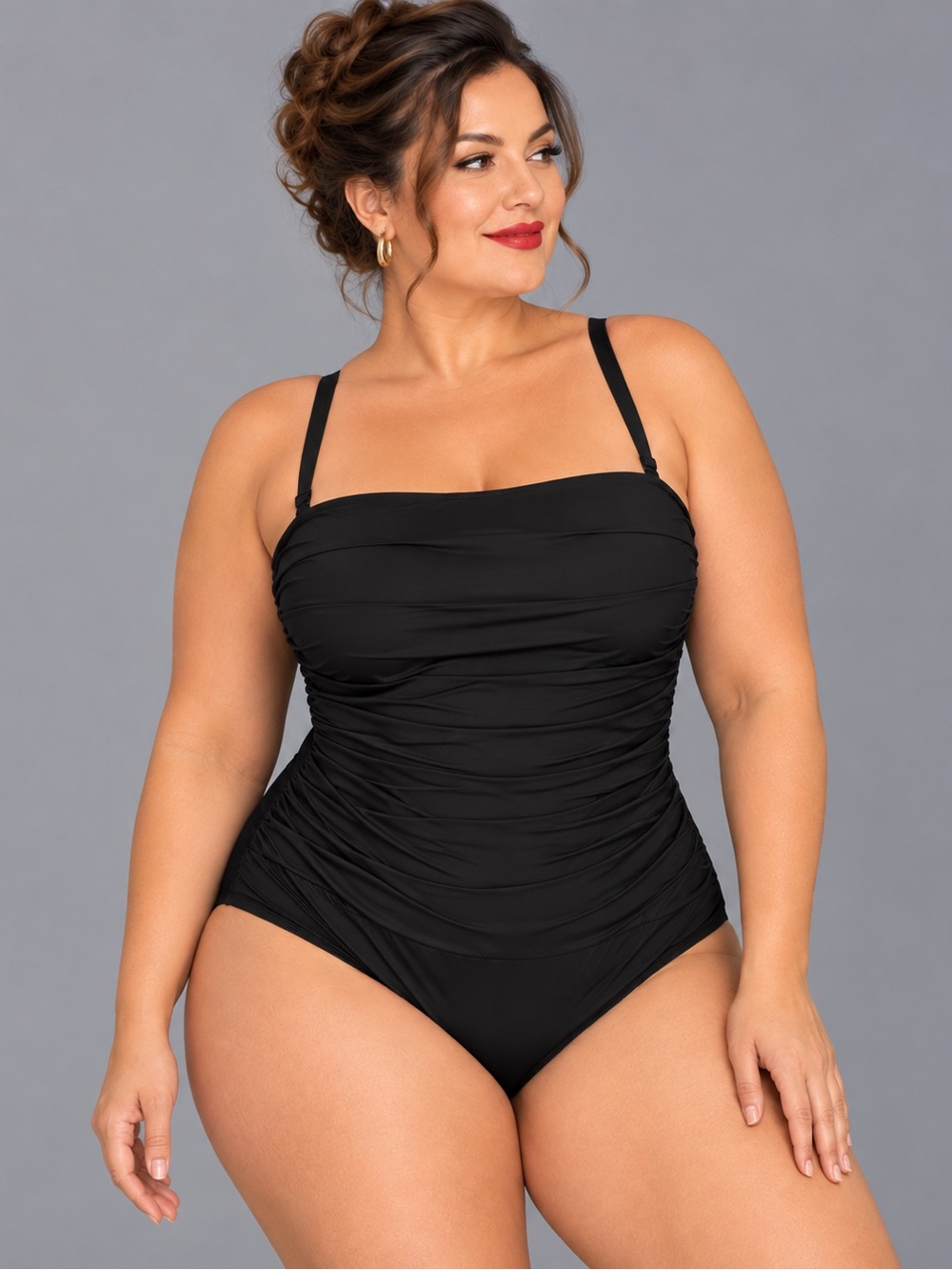 Lane Bryant Size 12 Black Convertible Strapless Ruched One Piece Swimsuit